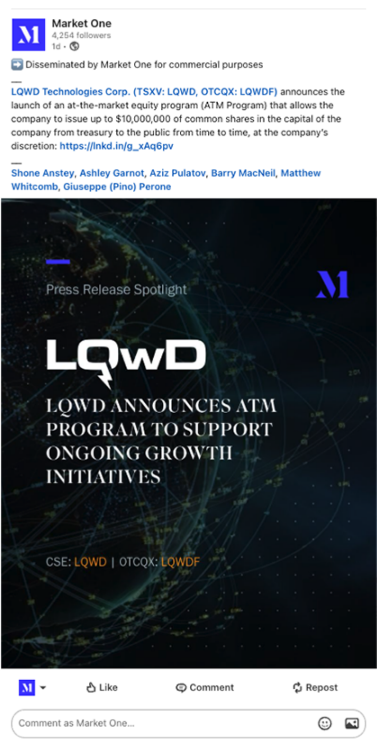 Market One LinkedIn — LQwD Technologies press release spotlight